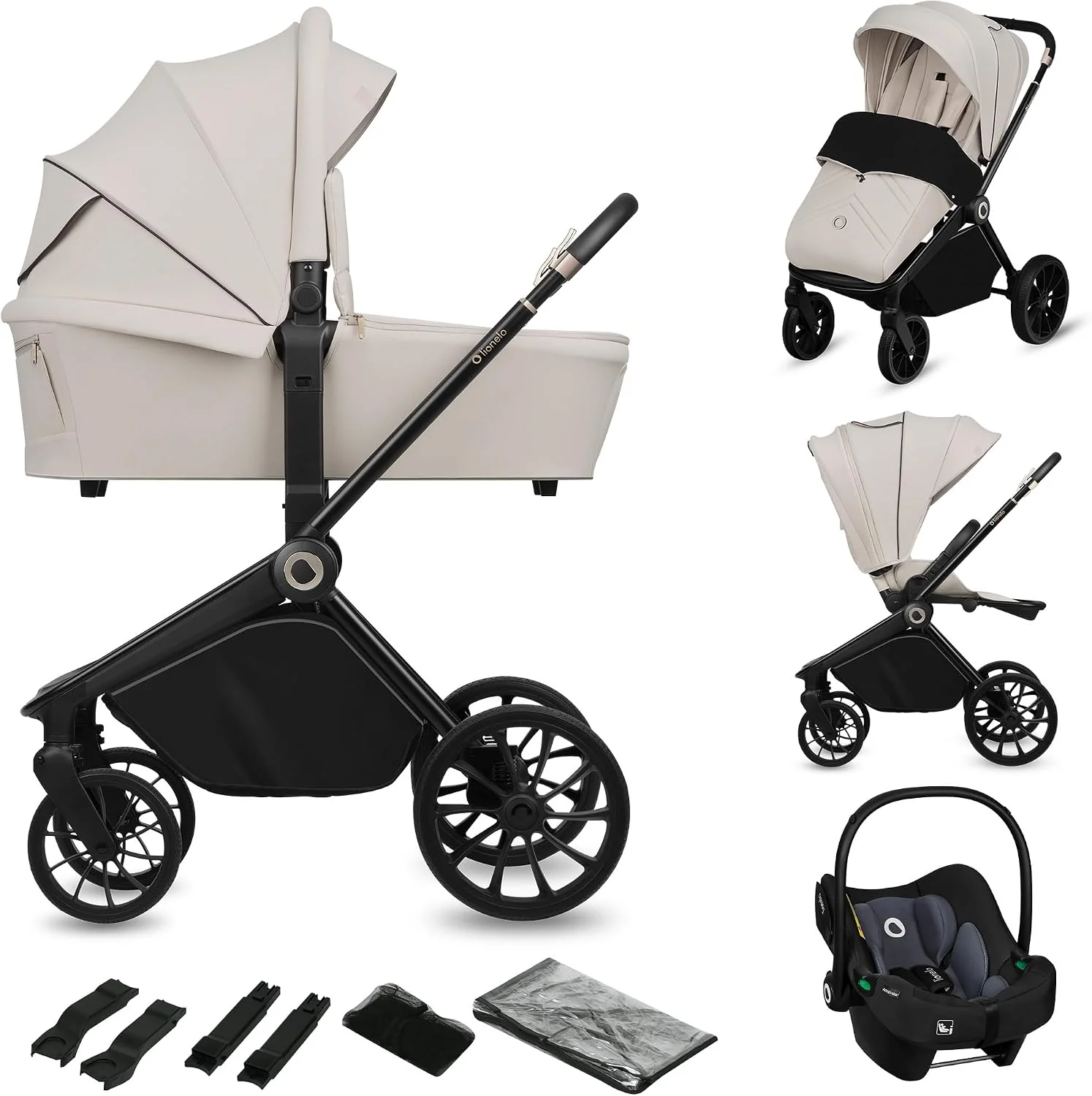 LIONELO MIKA PLUS 3 w 1 Wózek Spacerowy Dziecięcy 0-48 miesięcy do 22 kg Gondola do 9 kg Fotelik Samochodowy Nosidło do 13 kg, Regulacja Oparcia, Amortyzacja, Koła 360° Budka XXL (Beżowy)