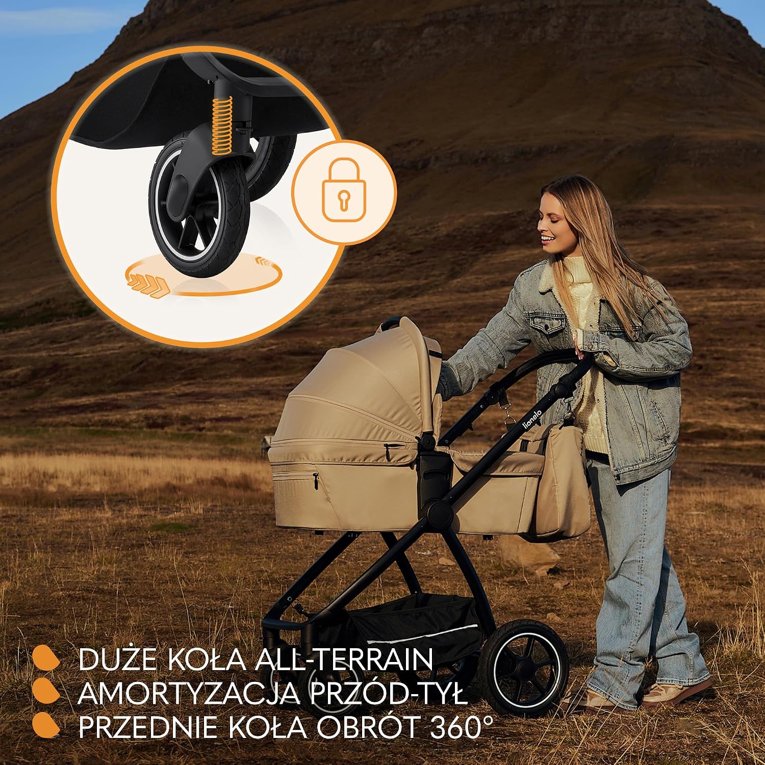 LIONELO MERIL 3 in 1 Wielofunkcyjny Wózek Dziecięcy 0-48 Miesięcy Do 22 Kg, Gondola Do 9 Kg, Fotelik Samochodowy Do 13 Kg, Koła Terenowe 360°, Pełna Amortyzacja, Budka XXL UPF50+ (Beżowy)