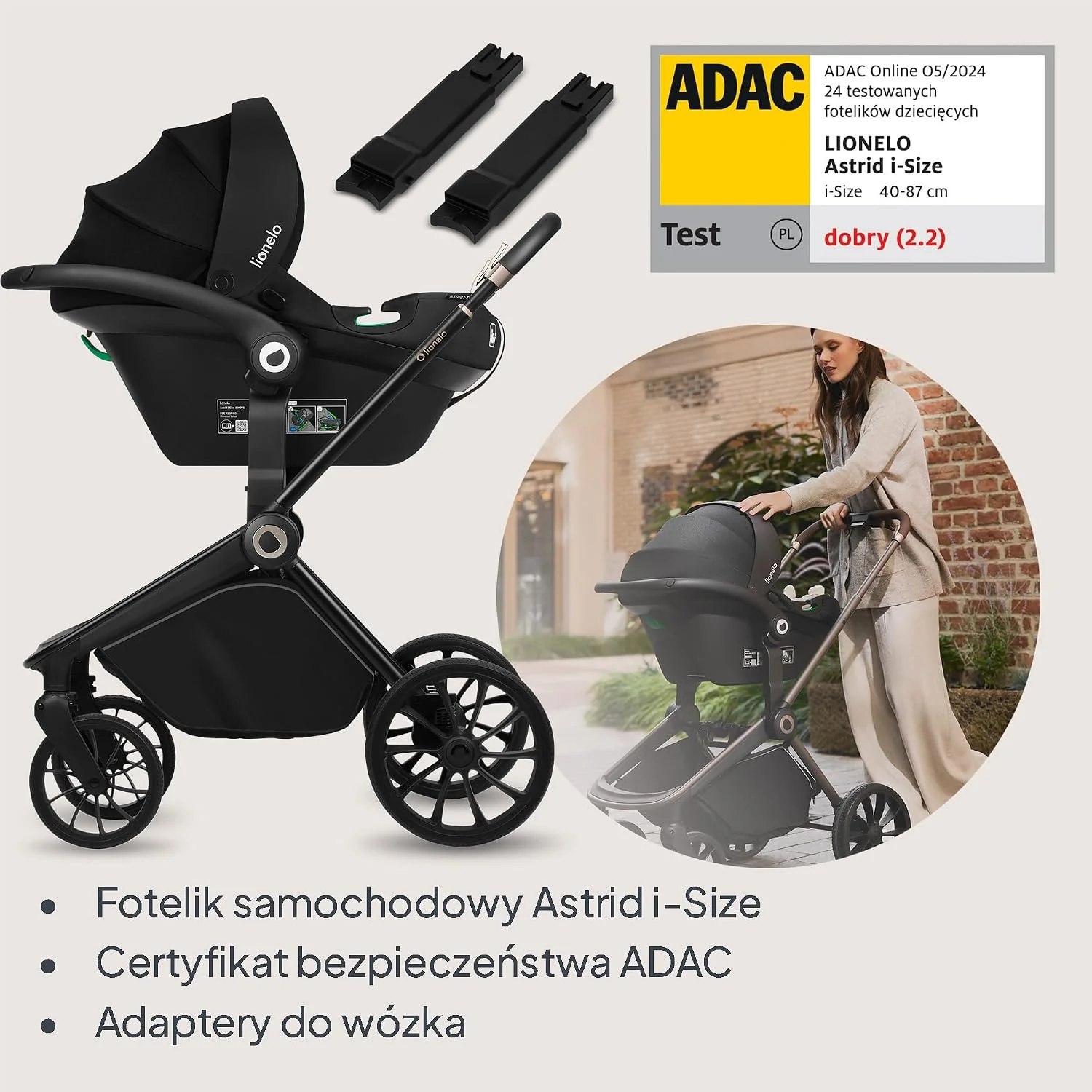 LIONELO MIKA PLUS 3 w 1 Wózek Spacerowy Dziecięcy 0-48 miesięcy do 22 kg Gondola do 9 kg Fotelik Samochodowy Nosidło do 13 kg, Regulacja Oparcia, Amortyzacja, Koła 360° Budka XXL (Beżowy)
