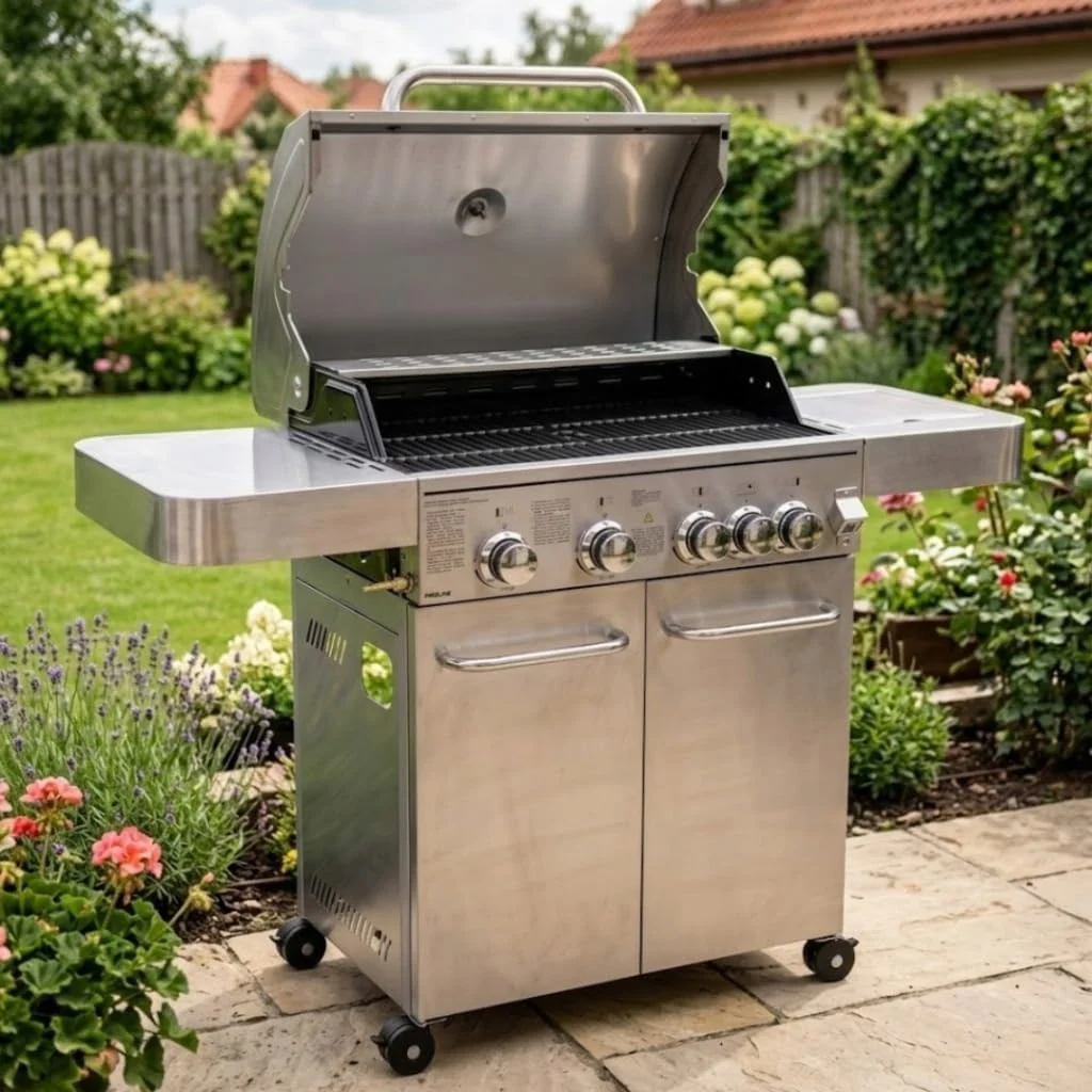 PROLINE Grill Gazowy Nierdzewny 4+1 17,15 kW – Grill Ogrodowy Premium z Rusztem Żeliwnym, Palnikiem Bocznym, Termometrem, Szafką na Butlę 11 kg, 74×44 cm, 48 kg, Zapłon Elektroniczny — widok produktu