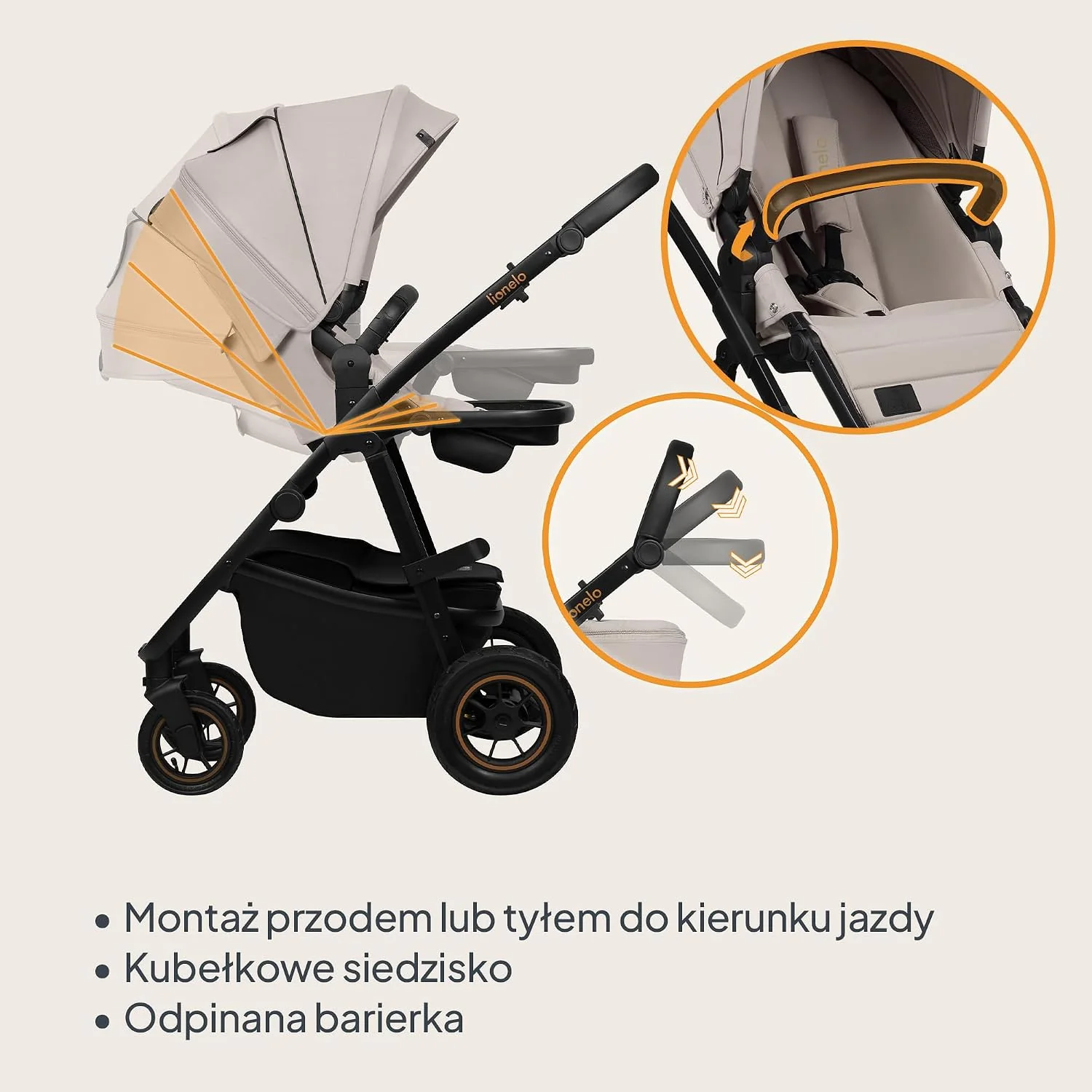 LIONELO AMBER PLUS 3 w 1 Wielofunkcyjny Wózek Dziecięcy od 0 do 4 lat do 22kg z Gondolą XL, Fotelik Samochodowy do 13 kg, Regulacja Oparcia, Duże Terenowe Koła 360o Budka XXL