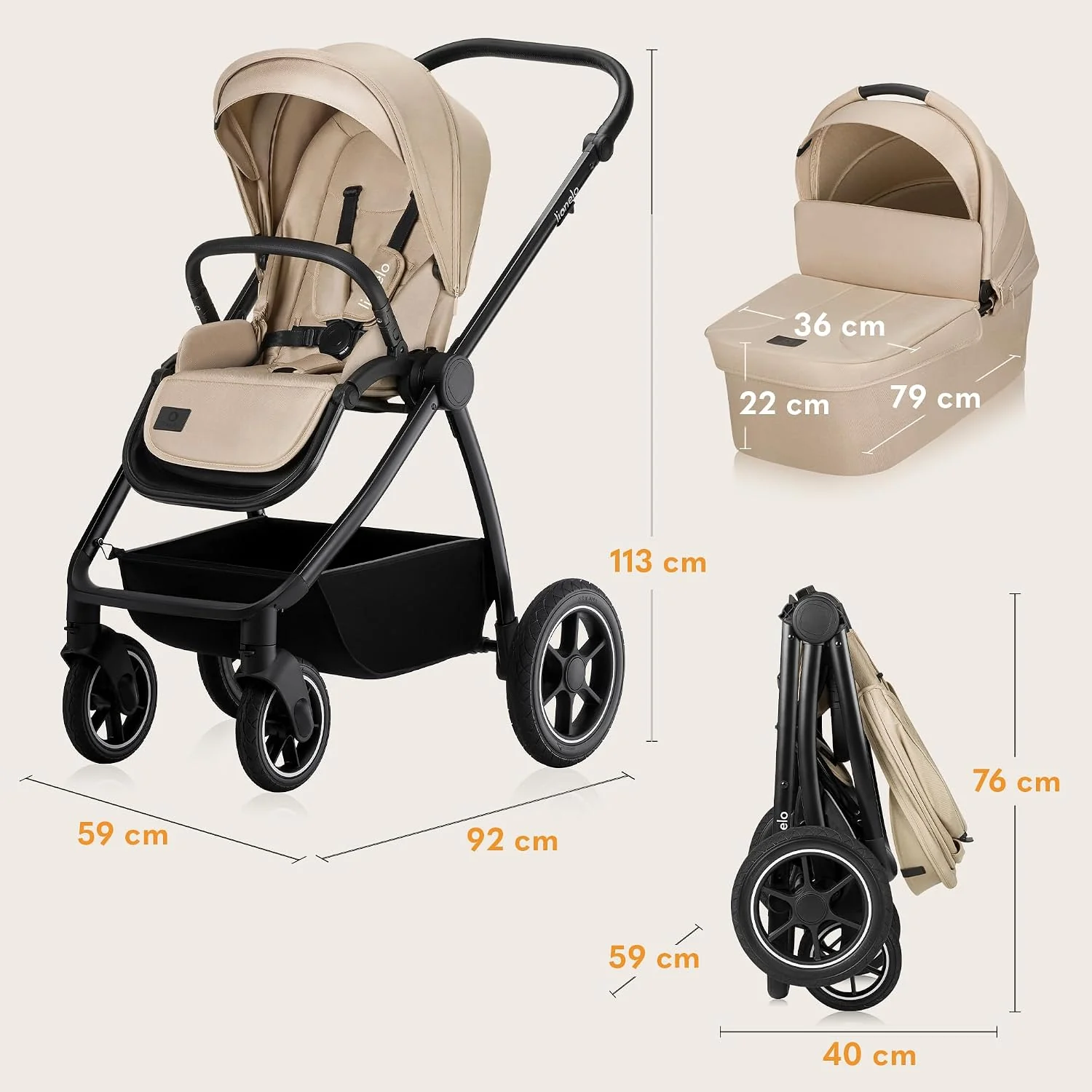 LIONELO MERIL 3 in 1 Wielofunkcyjny Wózek Dziecięcy 0-48 Miesięcy Do 22 Kg, Gondola Do 9 Kg, Fotelik Samochodowy Do 13 Kg, Koła Terenowe 360°, Pełna Amortyzacja, Budka XXL UPF50+ (Beżowy)