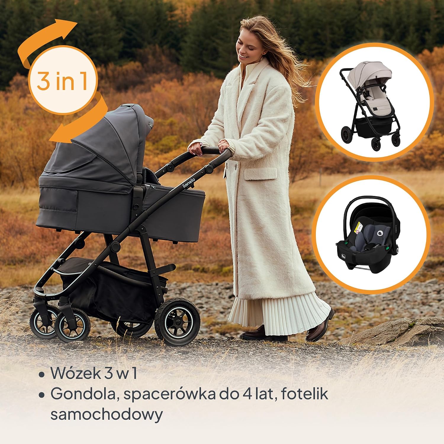 LIONELO AMBER PLUS 3 w 1 Wielofunkcyjny Wózek Dziecięcy od 0 do 4 lat do 22kg z Gondolą XL, Fotelik Samochodowy do 13 kg, Regulacja Oparcia, Duże Terenowe Koła 360o Budka XXL