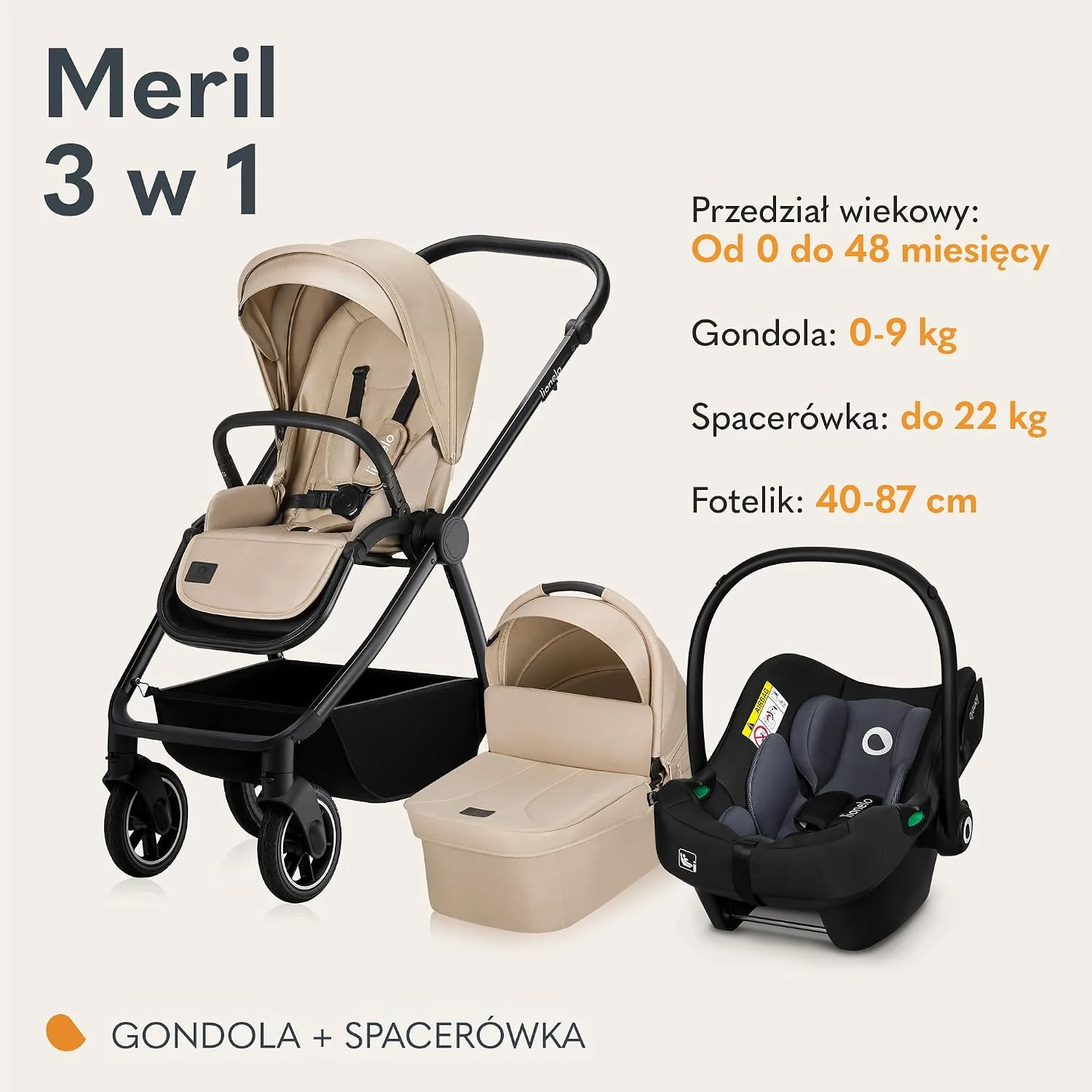 LIONELO MERIL 3 in 1 Wielofunkcyjny Wózek Dziecięcy 0-48 Miesięcy Do 22 Kg, Gondola Do 9 Kg, Fotelik Samochodowy Do 13 Kg, Koła Terenowe 360°, Pełna Amortyzacja, Budka XXL UPF50+ (Beżowy)