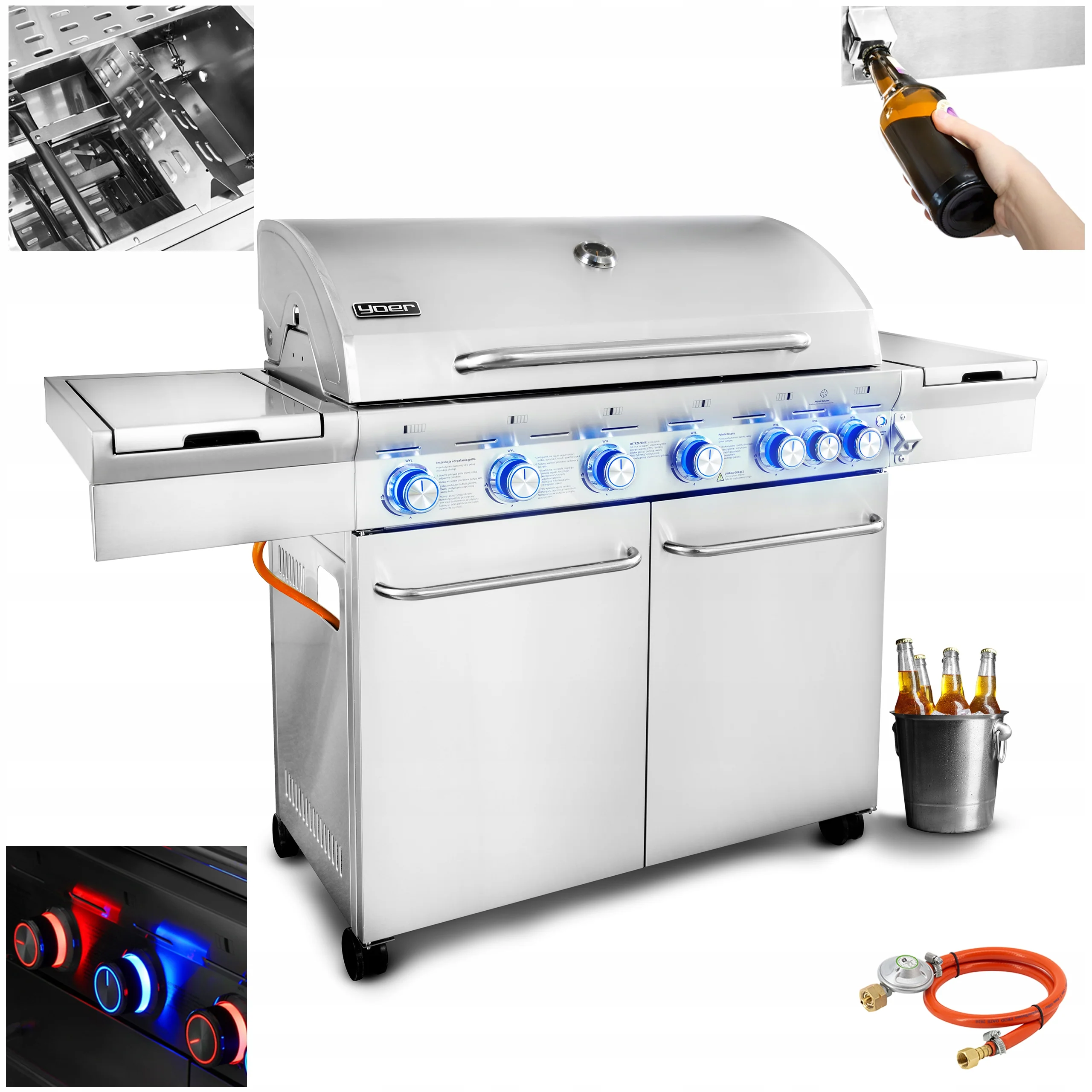 Grill gazowy Yoer 22,05 kW Ogrodowy ŻELIWNY nierdzewny 6+1 +szafka na butlę