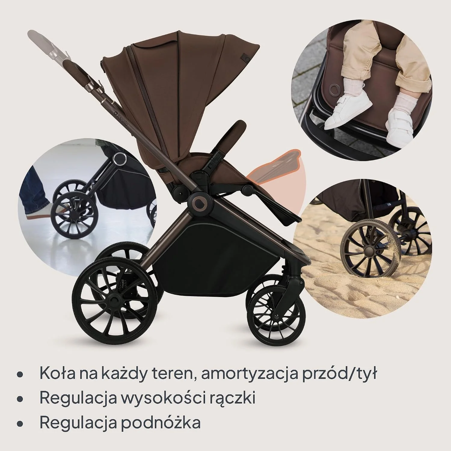 LIONELO Mika Plus 2 w 1 zestaw wózków dziecięcych: gondolka podróżna i wózek terenowy z zawieszeniem, osłona przeciwsłoneczna XXL UPF50+ wodoodporna, regulowane oparcie i podnóżek, kompaktowy