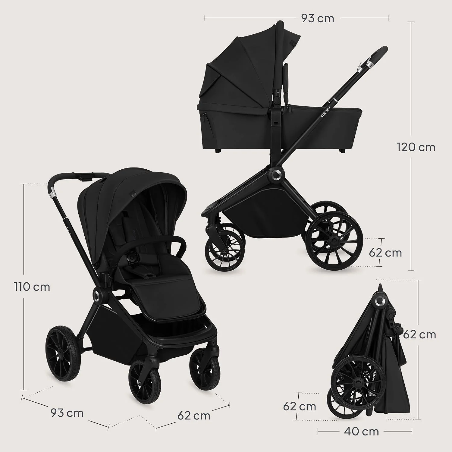 LIONELO MIKA PLUS 3 w 1 Wózek Spacerowy Dziecięcy 0-48 miesięcy do 22 kg Gondola do 9 kg Fotelik Samochodowy Nosidło do 13 kg, Regulacja Oparcia, Amortyzacja, Koła 360° Budka XXL (Czarny)