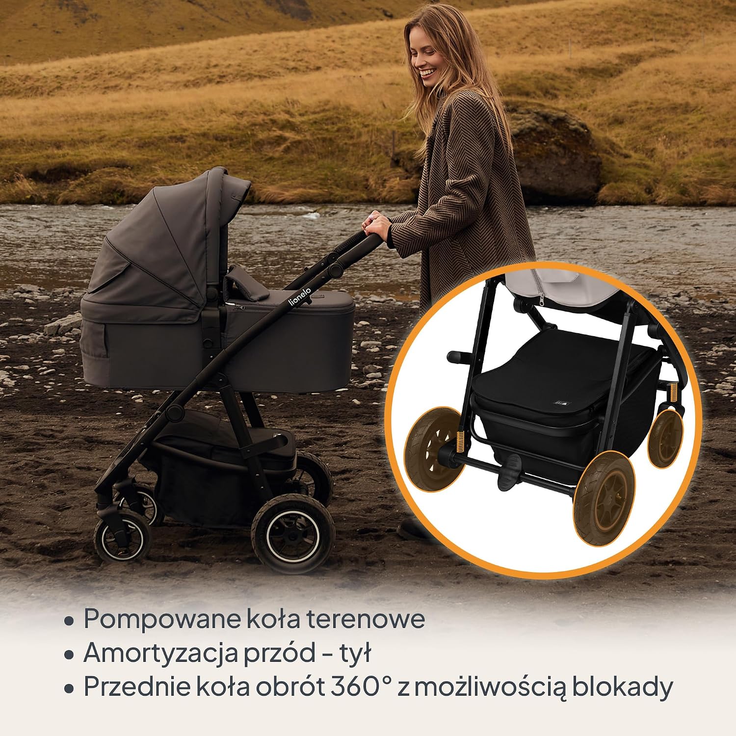 LIONELO AMBER PLUS 3 w 1 Wielofunkcyjny Wózek Dziecięcy od 0 do 4 lat do 22kg z Gondolą XL, Fotelik Samochodowy do 13 kg, Regulacja Oparcia, Duże Terenowe Koła 360o Budka XXL