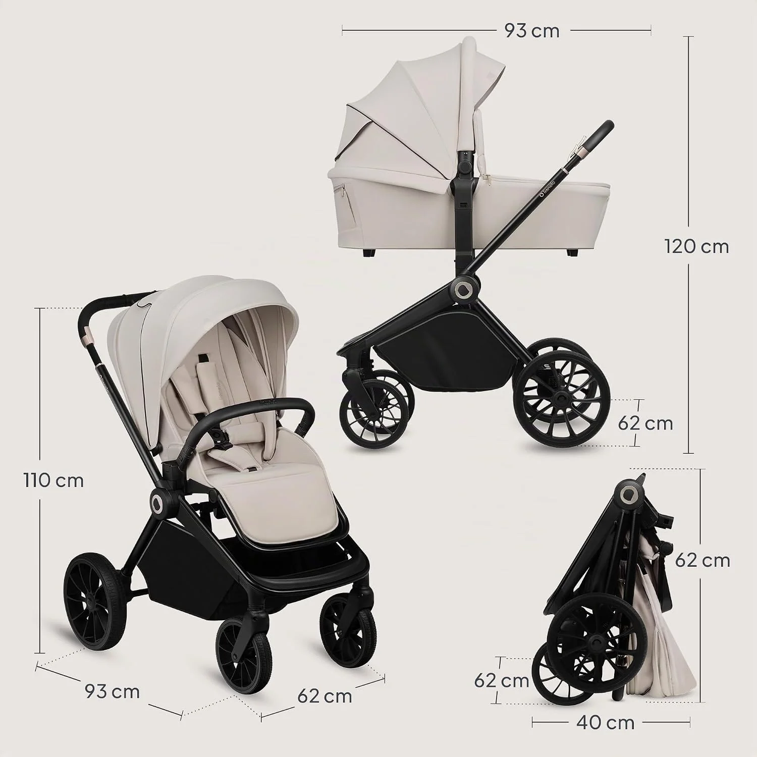 LIONELO MIKA PLUS 3 w 1 Wózek Spacerowy Dziecięcy 0-48 miesięcy do 22 kg Gondola do 9 kg Fotelik Samochodowy Nosidło do 13 kg, Regulacja Oparcia, Amortyzacja, Koła 360° Budka XXL (Beżowy)